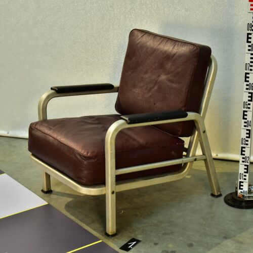 American Machine-Age Aluminium Armchair with Burgundy Upholstery – EMECO / General Fireproofing Style – No. 1