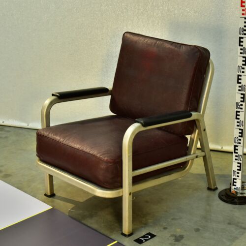 American Machine-Age Aluminium Armchair with Burgundy Upholstery – EMECO / General Fireproofing Style – No. 2