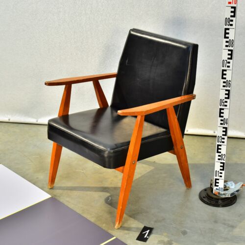 Hungarian faux-leather upholstered wooden armchair with angular design – No. 1