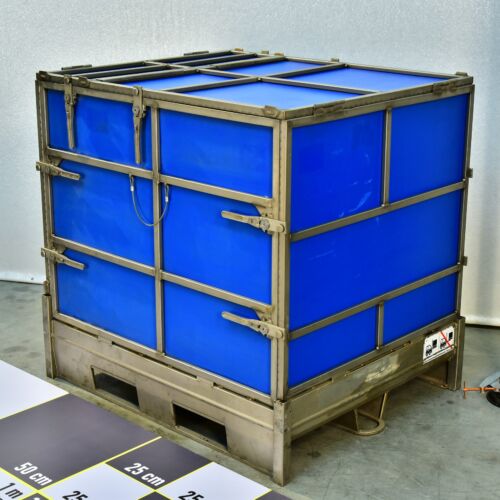 Large Collapsible Stainless-Steel Pallet Container with Blue Insert Panels – Experimental Piece Large Collapsible Stainless-Steel Pallet Container with Blue Insert Panels – Experimental Piece