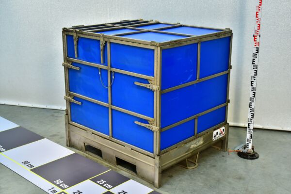 Large Collapsible Stainless-Steel Pallet Container with Blue Insert Panels – Experimental Piece Large Collapsible Stainless-Steel Pallet Container with Blue Insert Panels – Experimental Piece