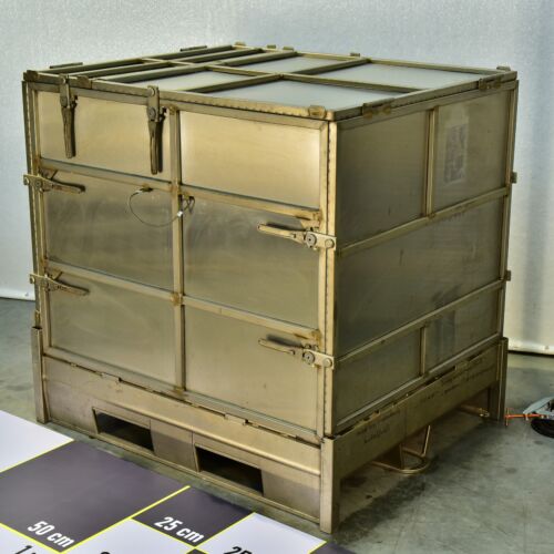 Large Collapsible Stainless-Steel Pallet Container with Steel Insert Panels – Experimental Piece Large Collapsible Stainless-Steel Pallet Container with Steel Insert Panels – Experimental Piece