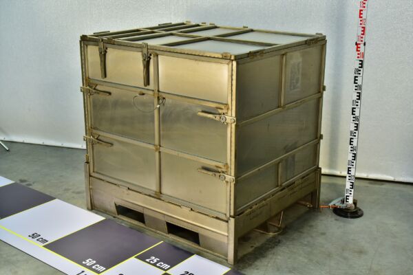Large Collapsible Stainless-Steel Pallet Container with Steel Insert Panels – Experimental Piece Large Collapsible Stainless-Steel Pallet Container with Steel Insert Panels – Experimental Piece