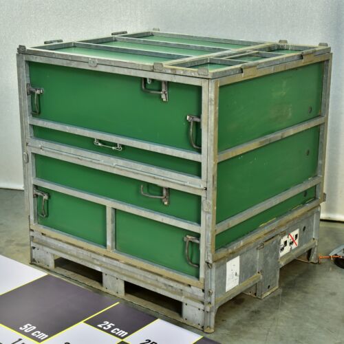 Large Collapsible Galvanised-Steel Pallet Container with Green Insert Panels – Experimental Piece Large Collapsible Galvanised-Steel Pallet Container with Green Insert Panels – Experimental Piece