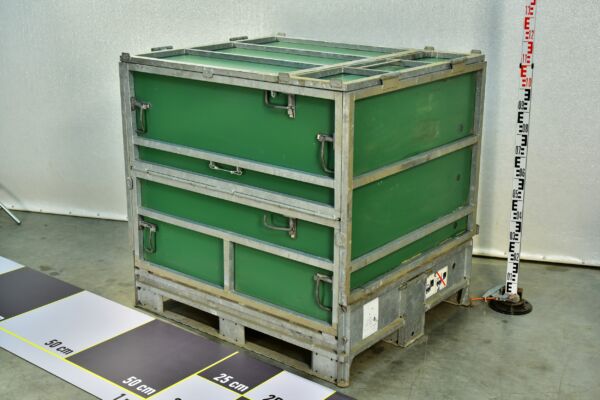 Large Collapsible Galvanised-Steel Pallet Container with Green Insert Panels – Experimental Piece