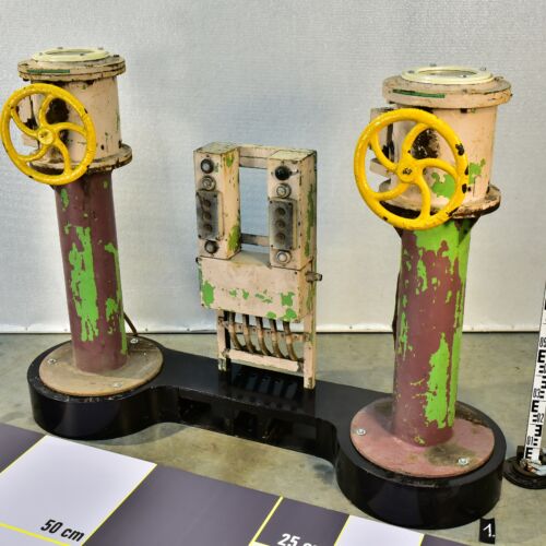 Power Station Feedwater or Steam Valve Pair with Handwheels and Control Electronics on Plinth – “Swedish” No. 1 Power Station Feedwater or Steam Valve Pair with Handwheels and Control Electronics on Plinth – “Swedish” No. 1