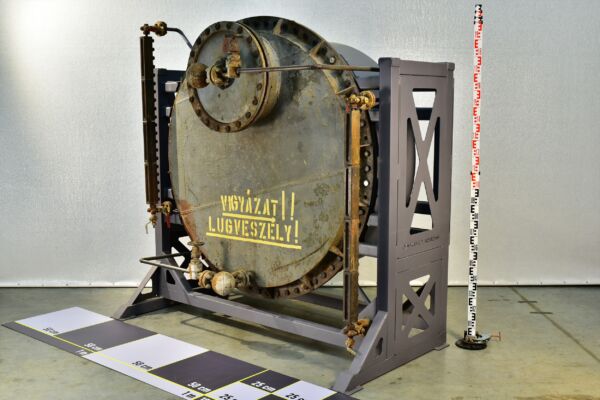 1950s thermal power station alkali tank with sight-glass level indicators, on steel support frame – 2