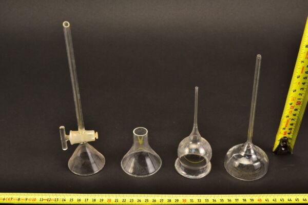 4-Piece Unusual Laboratory Glass Funnel Set with Stopcock and Slender-Stem Pieces 4-Piece Unusual Laboratory Glass Funnel Set with Stopcock and Slender-Stem Pieces