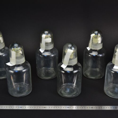 6-Piece Set of 1-Litre Clear Acid Bottles with Ground-Glass Stoppers and Glass Protective Caps – Glassworks Find, No. 1 6-Piece Set of 1-Litre Clear Acid Bottles with Ground-Glass Stoppers and Glass Protective Caps – Glassworks Find, No. 1