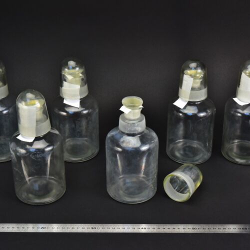 6-Piece Set of 1-Litre Clear Acid Bottles with Ground-Glass Stoppers and Glass Protective Caps – Glassworks Find, No. 2 6-Piece Set of 1-Litre Clear Acid Bottles with Ground-Glass Stoppers and Glass Protective Caps – Glassworks Find, No. 2