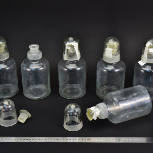 6-Piece Set of 1-Litre Clear Acid Bottles with Ground-Glass Stoppers and Glass Protective Caps – Glassworks Find, No. 4 6-Piece Set of 1-Litre Clear Acid Bottles with Ground-Glass Stoppers and Glass Protective Caps – Glassworks Find, No. 4