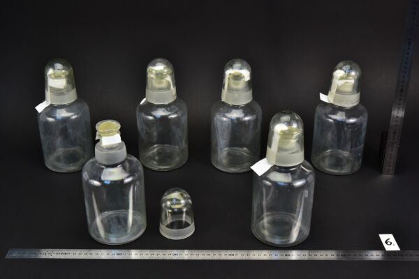 6-Piece Set of 1-Litre Clear Acid Bottles with Ground-Glass Stoppers and Glass Protective Caps – Glassworks Find, No. 6 6-Piece Set of 1-Litre Clear Acid Bottles with Ground-Glass Stoppers and Glass Protective Caps – Glassworks Find, No. 6