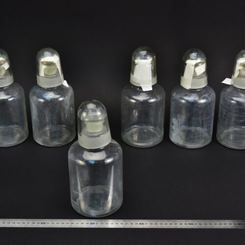 6-Piece Set of 1-Litre Clear Acid Bottles with Ground-Glass Stoppers and Glass Protective Caps – Glassworks Find, No. 7 6-Piece Set of 1-Litre Clear Acid Bottles with Ground-Glass Stoppers and Glass Protective Caps – Glassworks Find, No. 7