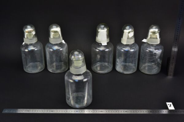 6-Piece Set of 1-Litre Clear Acid Bottles with Ground-Glass Stoppers and Glass Protective Caps – Glassworks Find, No. 7 6-Piece Set of 1-Litre Clear Acid Bottles with Ground-Glass Stoppers and Glass Protective Caps – Glassworks Find, No. 7