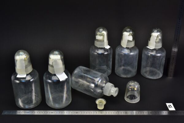 6-Piece Set of 1-Litre Clear Acid Bottles with Ground-Glass Stoppers and Glass Protective Caps – Glassworks Find, No. 8 6-Piece Set of 1-Litre Clear Acid Bottles with Ground-Glass Stoppers and Glass Protective Caps – Glassworks Find, No. 8