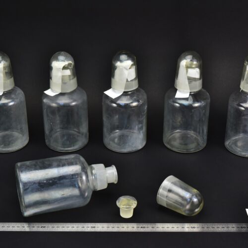 6-Piece Set of 1-Litre Clear Acid Bottles with Ground-Glass Stoppers and Glass Protective Caps – Glassworks Find, No. 9 6-Piece Set of 1-Litre Clear Acid Bottles with Ground-Glass Stoppers and Glass Protective Caps – Glassworks Find, No. 9
