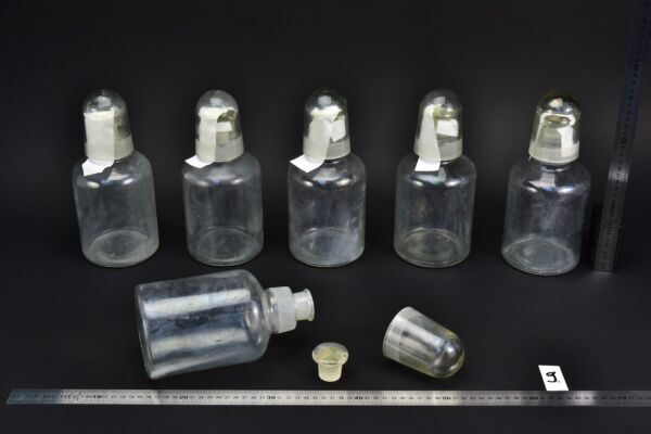 6-Piece Set of 1-Litre Clear Acid Bottles with Ground-Glass Stoppers and Glass Protective Caps – Glassworks Find, No. 9 6-Piece Set of 1-Litre Clear Acid Bottles with Ground-Glass Stoppers and Glass Protective Caps – Glassworks Find, No. 9