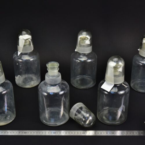 6-Piece Set of 1-Litre Clear Acid Bottles with Ground-Glass Stoppers and Glass Protective Caps – Glassworks Find, No. 10 6-Piece Set of 1-Litre Clear Acid Bottles with Ground-Glass Stoppers and Glass Protective Caps – Glassworks Find, No. 10