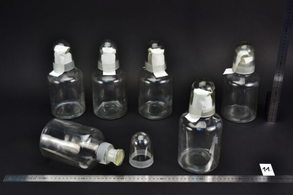 6-Piece Set of 1-Litre Clear Acid Bottles with Ground-Glass Stoppers and Glass Protective Caps – Glassworks Find, No. 11 6-Piece Set of 1-Litre Clear Acid Bottles with Ground-Glass Stoppers and Glass Protective Caps – Glassworks Find, No. 11
