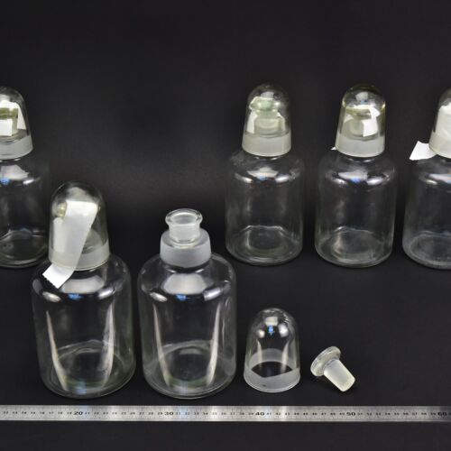 6-Piece Set of 1-Litre Clear Acid Bottles with Ground-Glass Stoppers and Glass Protective Caps – Glassworks Find, No. 13 6-Piece Set of 1-Litre Clear Acid Bottles with Ground-Glass Stoppers and Glass Protective Caps – Glassworks Find, No. 13