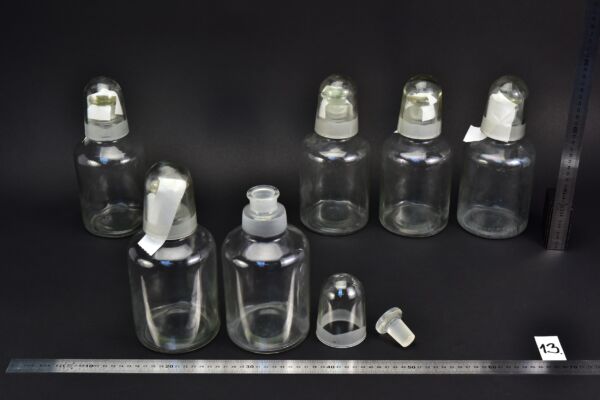 6-Piece Set of 1-Litre Clear Acid Bottles with Ground-Glass Stoppers and Glass Protective Caps – Glassworks Find, No. 13 6-Piece Set of 1-Litre Clear Acid Bottles with Ground-Glass Stoppers and Glass Protective Caps – Glassworks Find, No. 13