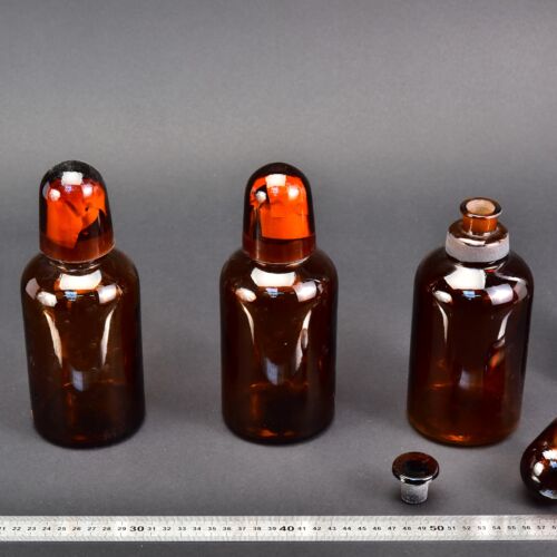 3-Piece Set of Small Amber Acid Bottles with Ground-Glass Stoppers and Glass Protective Caps – No. 1 3-Piece Set of Small Amber Acid Bottles with Ground-Glass Stoppers and Glass Protective Caps – No. 1