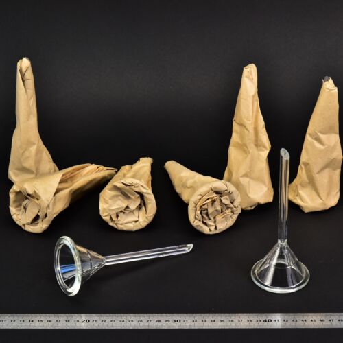 8-Piece Set of Long-Stem Laboratory Glass Funnels in Original Paper Wrapping