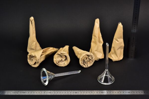 8-Piece Set of Long-Stem Laboratory Glass Funnels in Original Paper Wrapping 8-Piece Set of Long-Stem Laboratory Glass Funnels in Original Paper Wrapping
