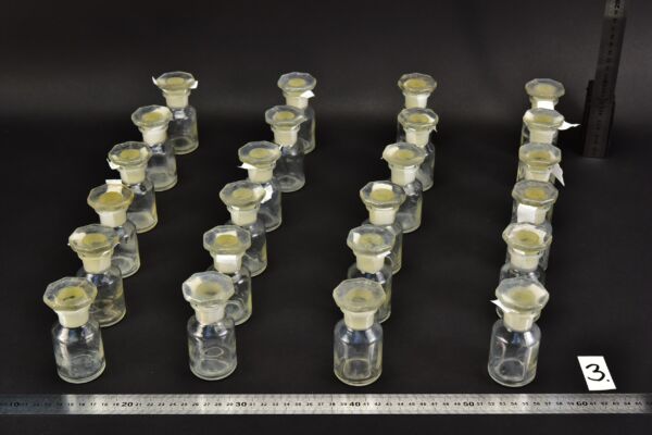 24-Piece Set of Small 50 ml Clear Laboratory Powder Bottles with Faceted Ground-Glass Stoppers – No. 3 24-Piece Set of Small 50 ml Clear Laboratory Powder Bottles with Faceted Ground-Glass Stoppers – No. 3