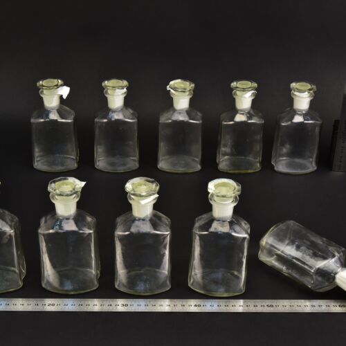 10-Piece Set of Clear Faceted Laboratory Liquid Bottles with Shaped Ground-Glass Stoppers – No. 1