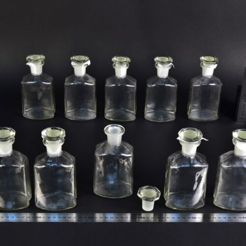 10-Piece Set of Clear Faceted Laboratory Liquid Bottles with Shaped Ground-Glass Stoppers – No. 2