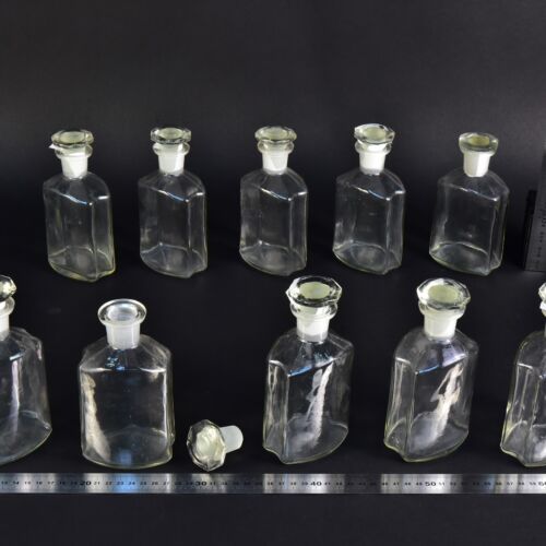 10-Piece Set of Clear Faceted Laboratory Liquid Bottles with Shaped Ground-Glass Stoppers – No. 3