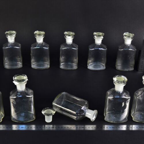 10-Piece Set of Clear Faceted Laboratory Liquid Bottles with Shaped Ground-Glass Stoppers – No. 4