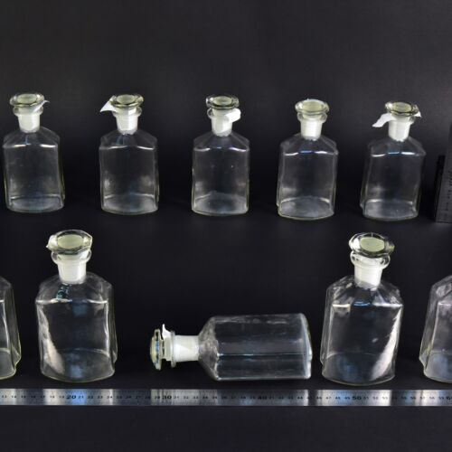 10-Piece Set of Clear Faceted Laboratory Liquid Bottles with Shaped Ground-Glass Stoppers – No. 5