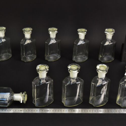 10-Piece Set of Clear Faceted Laboratory Liquid Bottles with Shaped Ground-Glass Stoppers – No. 6