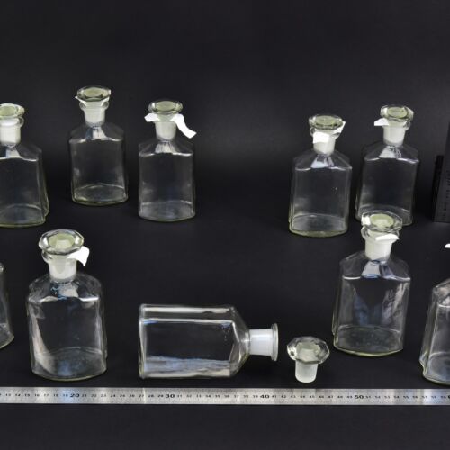 10-Piece Set of Clear Faceted Laboratory Liquid Bottles with Shaped Ground-Glass Stoppers – No. 7