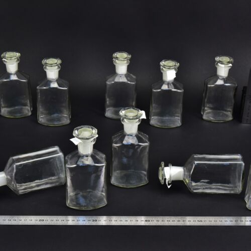 10-Piece Set of Clear Faceted Laboratory Liquid Bottles with Shaped Ground-Glass Stoppers – No. 8