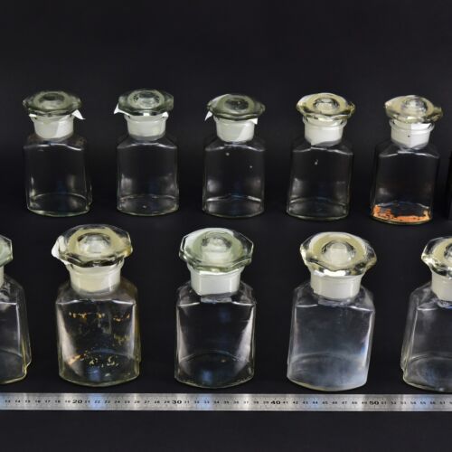 10-Piece Set of Clear Faceted Laboratory Powder Bottles with Shaped Ground-Glass Stoppers – No. 1