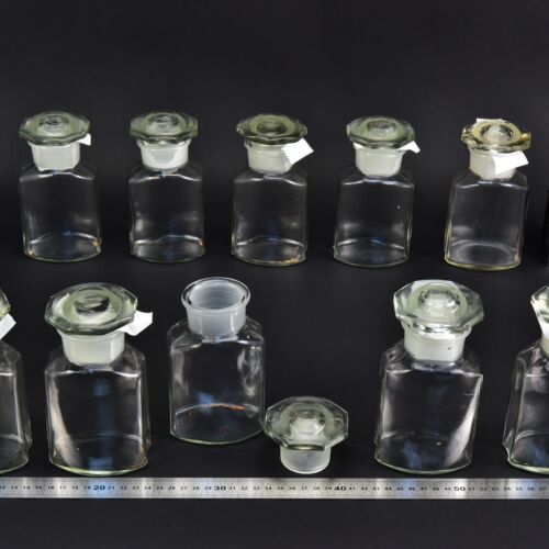 10-Piece Set of Clear Faceted Laboratory Powder Bottles with Shaped Ground-Glass Stoppers – No. 2