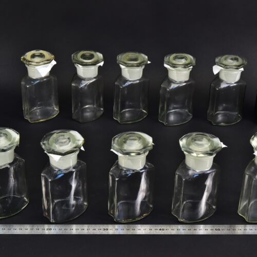 10-Piece Set of Clear Faceted Laboratory Powder Bottles with Shaped Ground-Glass Stoppers – No. 3
