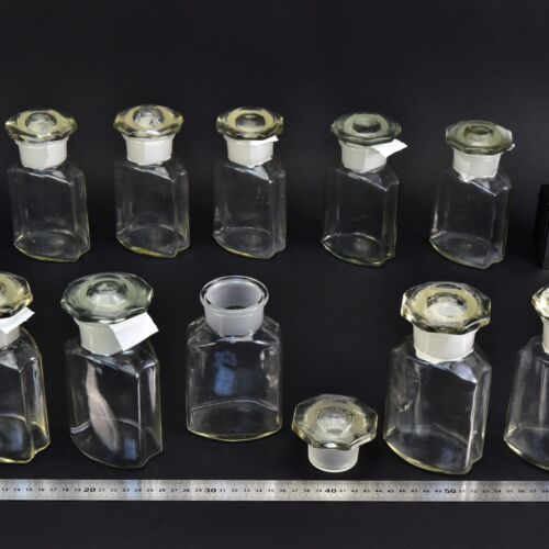 10-Piece Set of Clear Faceted Laboratory Powder Bottles with Shaped Ground-Glass Stoppers – No. 4
