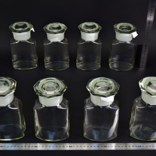 8-Piece Set of Clear Faceted Laboratory Powder Bottles with Large Shaped Ground-Glass Stoppers – No. 1