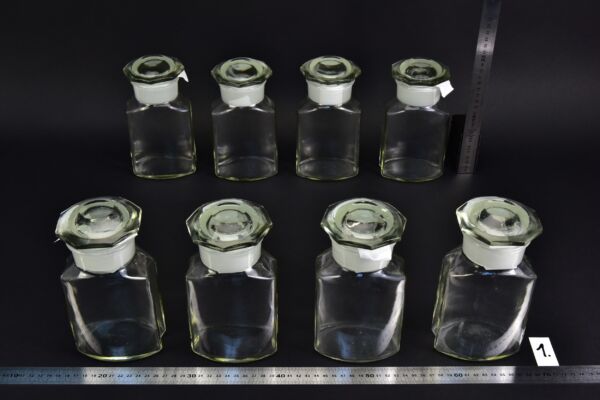 8-Piece Set of Clear Faceted Laboratory Powder Bottles with Large Shaped Ground-Glass Stoppers – No. 1 8-Piece Set of Clear Faceted Laboratory Powder Bottles with Large Shaped Ground-Glass Stoppers – No. 1