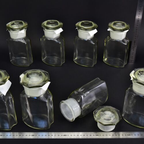 8-Piece Set of Clear Faceted Laboratory Powder Bottles with Large Shaped Ground-Glass Stoppers – No. 2