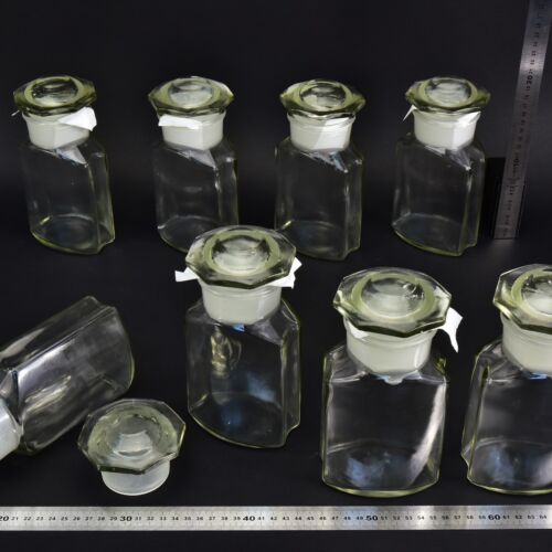 8-Piece Set of Clear Faceted Laboratory Powder Bottles with Large Shaped Ground-Glass Stoppers – No. 3