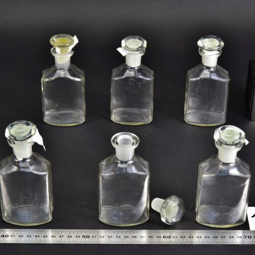 6-Piece Flattened Rectangular Clear Laboratory Liquid Bottle Set with Faceted Ground-Glass Stoppers – No. 1 6-Piece Flattened Rectangular Clear Laboratory Liquid Bottle Set with Faceted Ground-Glass Stoppers – No. 1