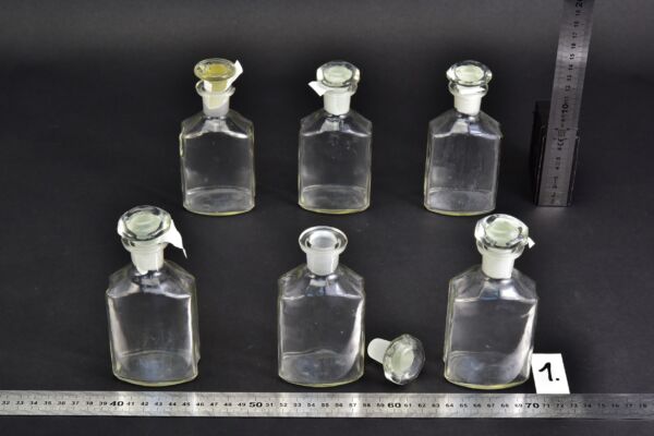 6-Piece Flattened Rectangular Clear Laboratory Liquid Bottle Set with Faceted Ground-Glass Stoppers – No. 1