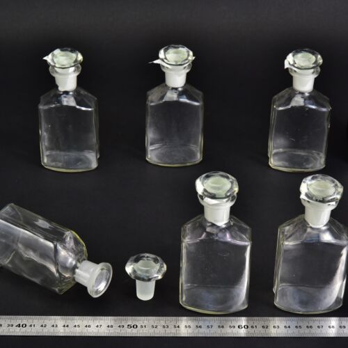 6-Piece Flattened Rectangular Clear Laboratory Liquid Bottle Set with Faceted Ground-Glass Stoppers – No. 2 6-Piece Flattened Rectangular Clear Laboratory Liquid Bottle Set with Faceted Ground-Glass Stoppers – No. 2