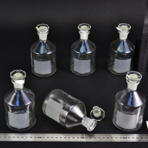 6-Piece Vintage 250–300 ml Winkler-Type Oxygen Determination Bottle Set with Faceted Ground-Glass Stoppers – No. 2 6-Piece Vintage 250–300 ml Winkler-Type Oxygen Determination Bottle Set with Faceted Ground-Glass Stoppers – No. 2