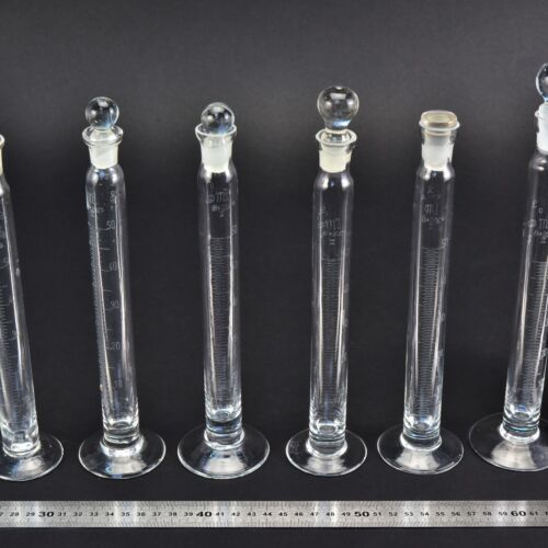 50 ml footed glass graduated cylinders with ground-glass stoppers – set of 6 – No. 1 50 ml footed glass graduated cylinders with ground-glass stoppers – set of 6 – No. 1